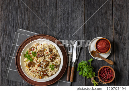 beef and rice in white bowl, top view beef and rice in white bowl, top view 120703494