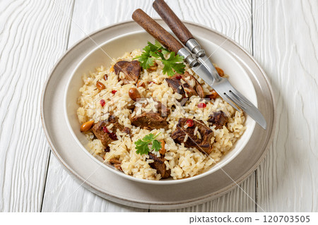 beef and rice in white bowl, top view 120703505