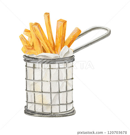 Hand-drawn watercolor illustration of snack bucket of French fries  120703678