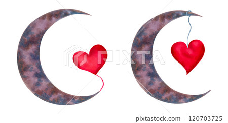 Composition of a crescent moon with a heart. Astrological drawing for Valentine's Day. Watercolor and marker illustration. Hand drawn isolated art. Clipart for stickers, cards, badges, greetings Composition of a crescent moon with a heart. Astrological drawing for Valentine's Day. Watercolor and marker illustration. Hand drawn isolated art. Clipart for stickers, cards, badges, greetings 120703725