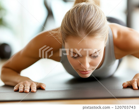 A focused woman in activewear performing a plank exercise on a yoga mat A focused woman in activewear performing a plank exercise on a yoga mat 120703743