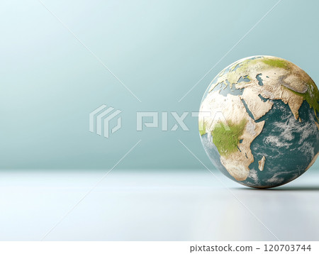 A detailed globe displaying continents with textured terrain on a minimalist background A detailed globe displaying continents with textured terrain on a minimalist background 120703744