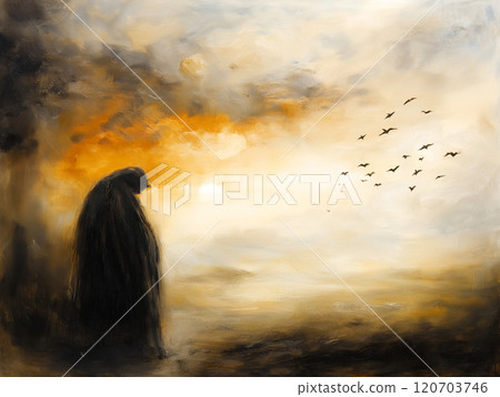 A mysterious cloaked figure stands against a glowing sunset sky 120703746