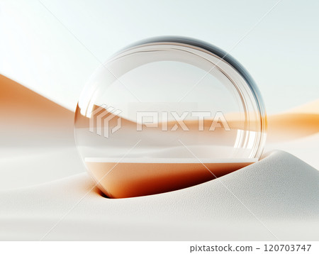 A clear glass sphere resting on soft sand dunes 120703747