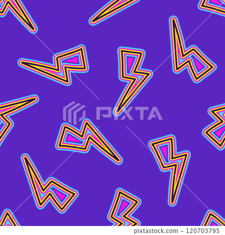 Colorful groovy hippie pattern with geometric lightning shapes on blue background 120703795