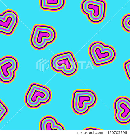 Colorful groovy hippie pattern with geometric heart shapes on blue background 120703796