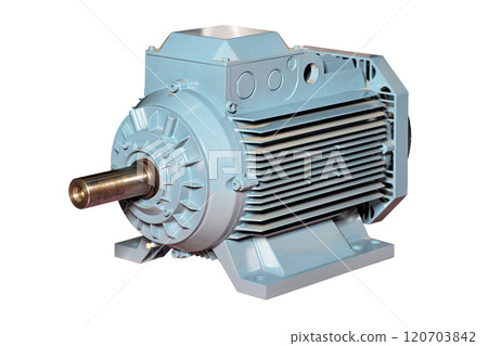Electric motor showcasing detailed design for industrial applications and engineering projects, isolated on white background. 120703842