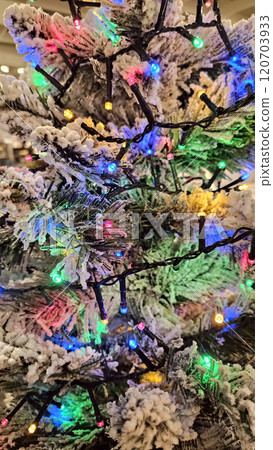 Christmas tree with branches covered with frost and flashing colorful lights 120703933
