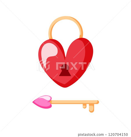 Heart lock and key icon in cartoon style. Symbol of Love for Valentines day. Design for wedding and holiday card. Isolated on white background. 120704150
