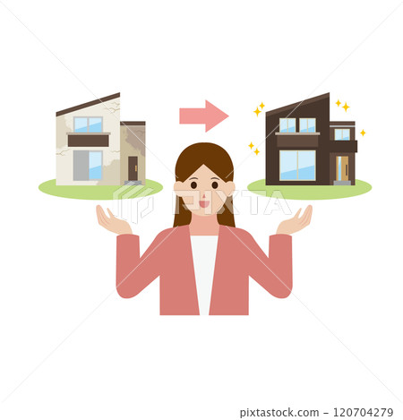 A woman explaining the before and after of a dilapidated house and a clean house A woman explaining the before and after of a dilapidated house and a clean house 120704279