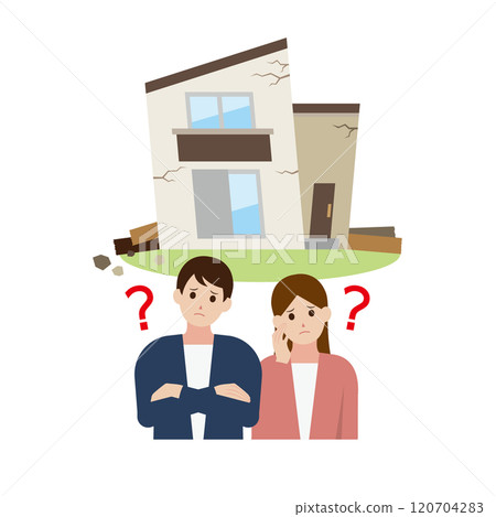 Illustration of a man and woman struggling to repair a dilapidated house 120704283
