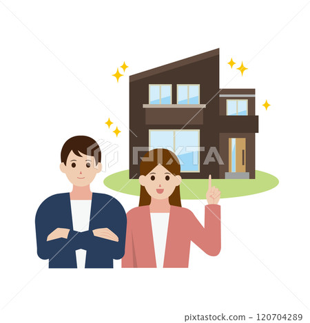 Illustration of a man and woman recommending a newly built detached house with a garden 120704289