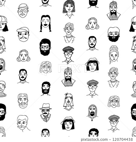 People hand drawn black white seamless pattern. Vector trendy endless illustration of faces groups or portraits drawing on white background 120704438