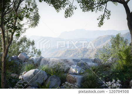 A natural stone podium with mountain view background 3d render 120704508