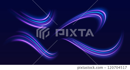 Speed police line set. Laser beams, horizontal light rays. Magic shining neon light line trails. Purple glowing wave swirl, impulse cable lines. High speed effect motion blur night lights 120704517