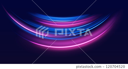 Speed police line. Laser beams, horizontal light rays. Magic shining neon light line trails. Purple glowing wave swirl, impulse cable lines. High speed effect motion blur night lights 120704520