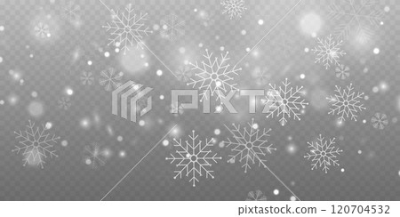 Realistic falling snow with snowflakes and clouds. Vector heavy snowfall, snowflakes in different shapes and forms. Many white cold flake elements on transparent background. 120704532