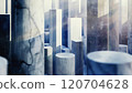 Art installation featuring multiple marble columns of different heights in a blue-tinted environment 120704628