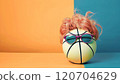 Quirky Style: Basketball with Wig and Glasses on Orange-Blue Background 120704629