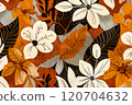 Mid-century textile design featuring stylized foliage and flowers, barkcloth. Botanical Floral Pattern with Warm Autumn Tones 120704632