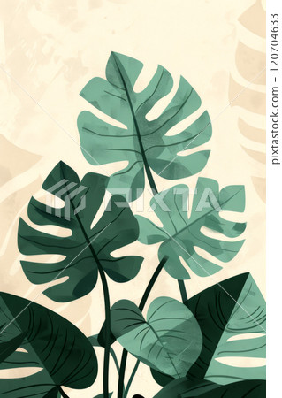 Tropical Monstera Leaves Illustration on Cream Background 120704633