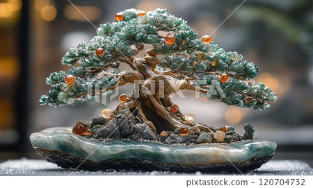a bonsai Christmas tree netsuke, made of translucent jade and granite a bonsai Christmas tree netsuke, made of translucent jade and granite 120704732