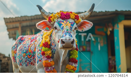 A white cow painted with floral patterns, with marigold garlands, near rural house. Makar Sankranti 120704814