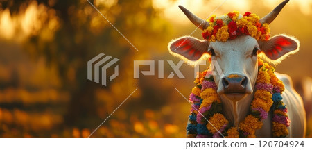 White Indian cow with flower garlands, warm golden sunlight. Makar Sankranti wide banner, copy space 120704924