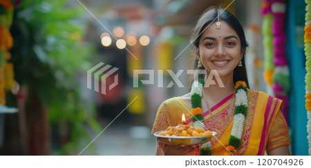 Indian woman in saree with flower garlands, holding plate of sweets with lit diya. Makar Sankranti 120704926