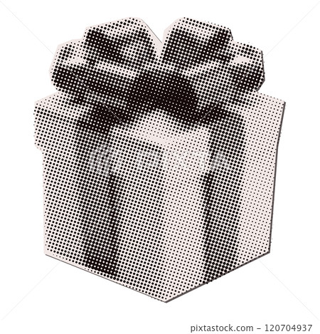 Square gift box with bow - Christmas halftone collage torn out paper sticker. Cut out of magazine shape, clipping scrap of paper. Square gift box with bow - Christmas halftone collage torn out paper sticker. Cut out of magazine shape, clipping scrap of paper. 120704937