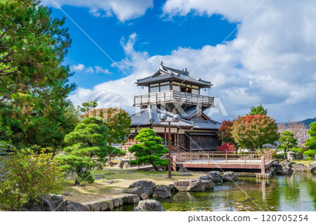 Japanese garden and tower-style observation rest house at Ikeda Castle Ruins Park, Ikeda City, Osaka Prefecture Japanese garden and tower-style observation rest house at Ikeda Castle Ruins Park, Ikeda City, Osaka Prefecture 120705254