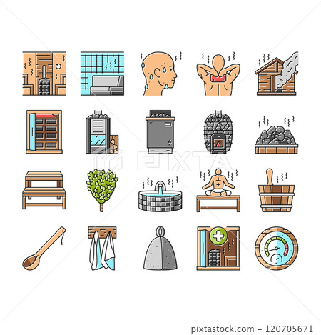 sauna bath spa relax steam room icons set vector 120705671