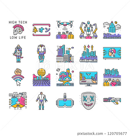 cyberpunk digital city future icons set vector 120705677