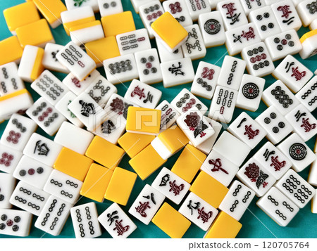 Mahjong tiles scattered all over the place_aerial view 120705764