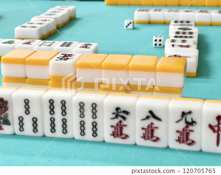 Mahjong tiles lined up, tiles pile and Dora Mahjong tiles lined up, tiles pile and Dora 120705765