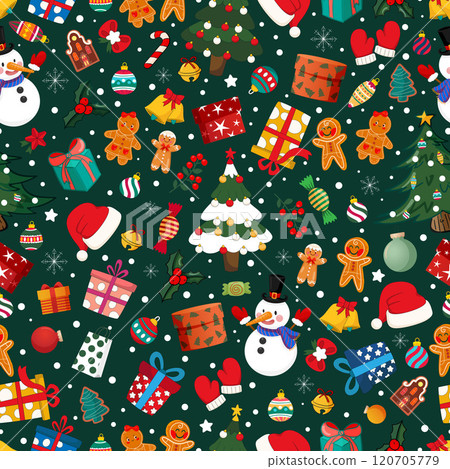 Winter, New Year, Christmas, holiday seamless pattern, dark green background, illustration, vector 120705779