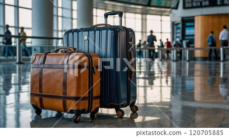 travel suitcases stand on the floor of the airport terminal 120705885