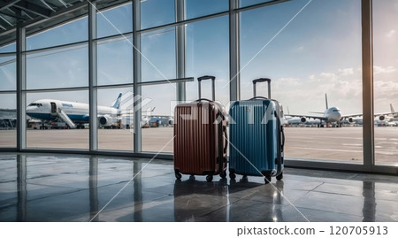 travel suitcases stand on the floor of the airport terminal travel suitcases stand on the floor of the airport terminal 120705913