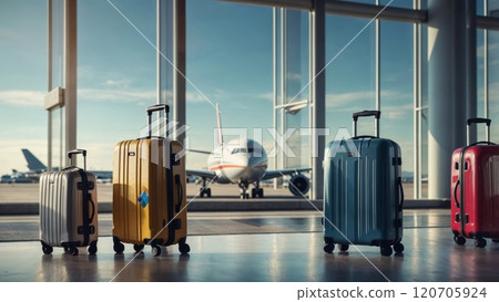 travel suitcases stand on the floor of the airport terminal 120705924