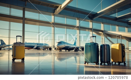 travel suitcases stand on the floor of the airport terminal 120705978