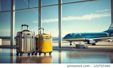 travel suitcases stand on the floor of the airport terminal 120705986