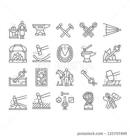 blacksmith forge anvil hammer icons set vector 120705999