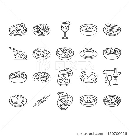spanish cuisine food paella tapas icons set vector 120706026