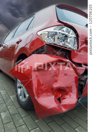 Dramatic View of Damaged Red Car After Accident Dramatic View of Damaged Red Car After Accident 120706105