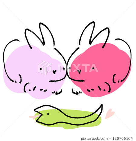 可愛簡單的手繪插畫，兩隻兔子和一條蛇相處得很好 120706164