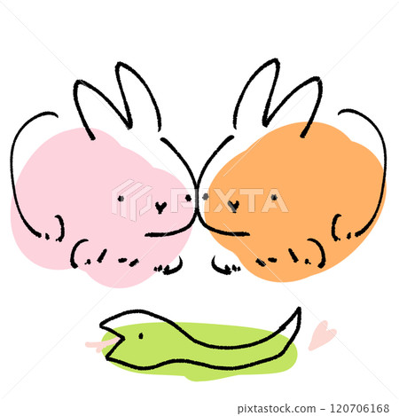 可愛簡單的手繪插畫，兩隻兔子和一條蛇相處得很好 120706168