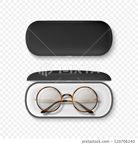 Vector 3D Realistic Tortoise Shell Frame Glasses and Black Case Set. Round Sunglasses and Case. Vintage Eyeglasses, Case, Top View. Design Template for Optics and Eyewear Branding 120706240