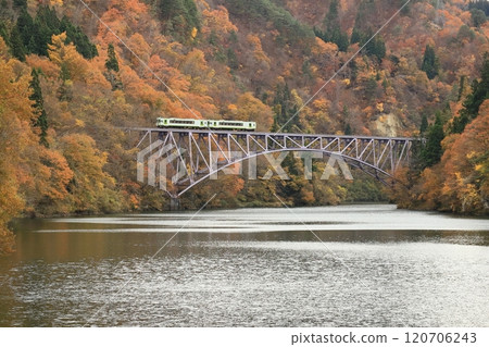 以秋葉為背景的只見線“11月中旬第一隻見河大橋和列車” 以秋葉為背景的只見線“11月中旬第一隻見河大橋和列車” 120706243