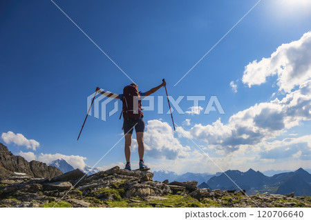 Sporty woman hiking in Switzerland alps. Heathy lifestyle, sport, beauty in nature. Grindelwald valley, Swizz Sporty woman hiking in Switzerland alps. Heathy lifestyle, sport, beauty in nature. Grindelwald valley, Swizz 120706640