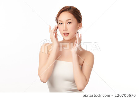 Beautiful young asian woman with clean fresh skin on white background, Face care, Facial treatment, Cosmetology, beauty and spa, Asian women portrait. 120706676